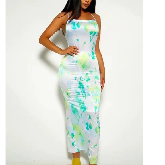 GREEN WHITE SLEEVELESS CRISSCROSS MAXI DRESS SIZE LARGE - Picture 1 of 11